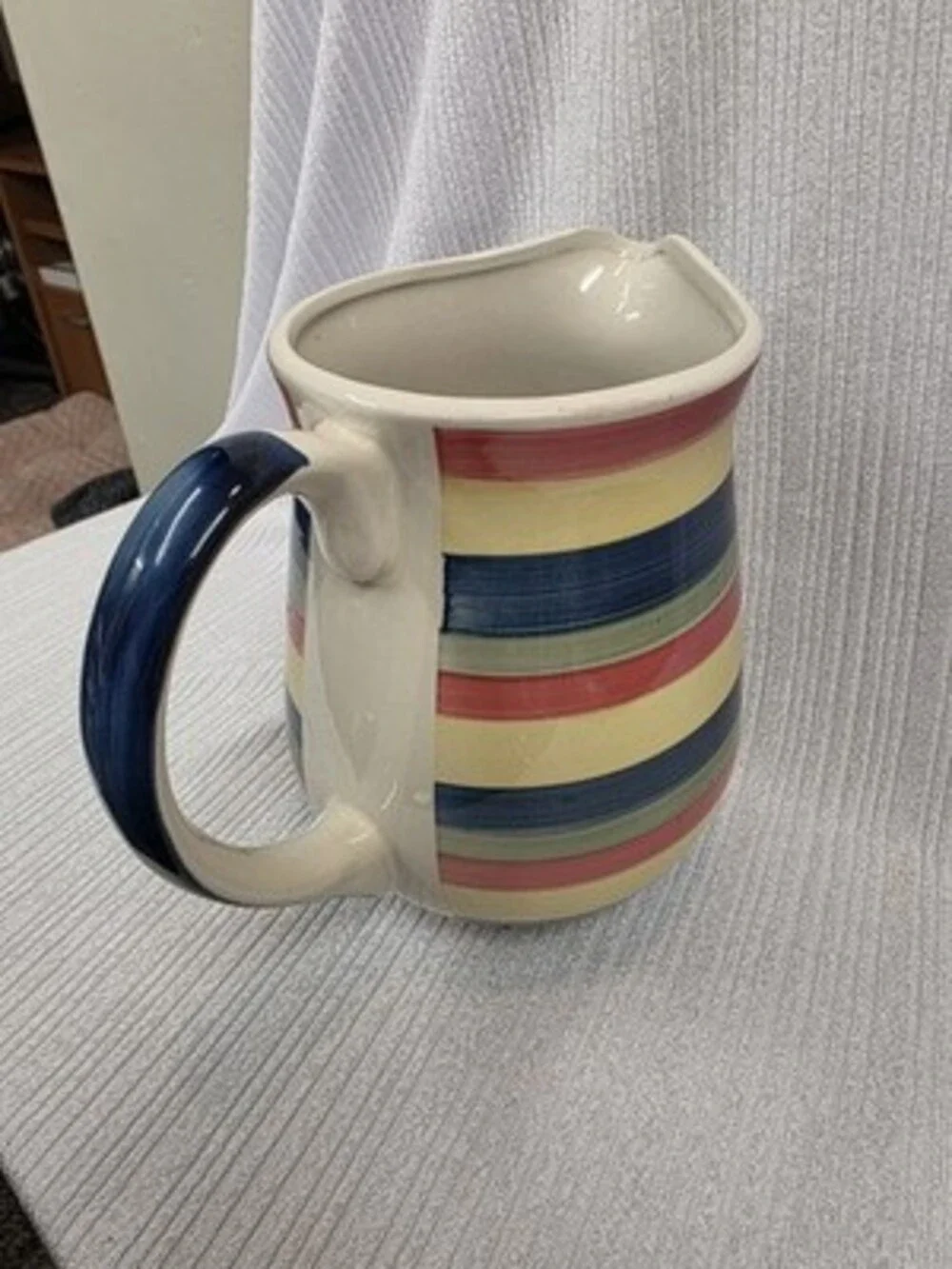 Swirl Hand Painted Collection 32 oz Striped Ceramic Pitcher w/ Blue Handle